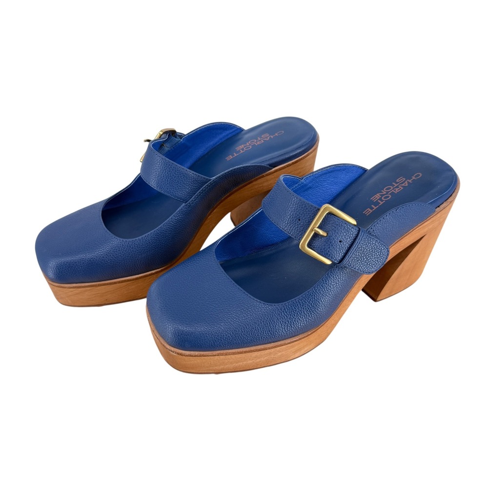 Charlotte Stone Blue Leather Wood Platform Clog 9 Mules Square Toe Block Heel